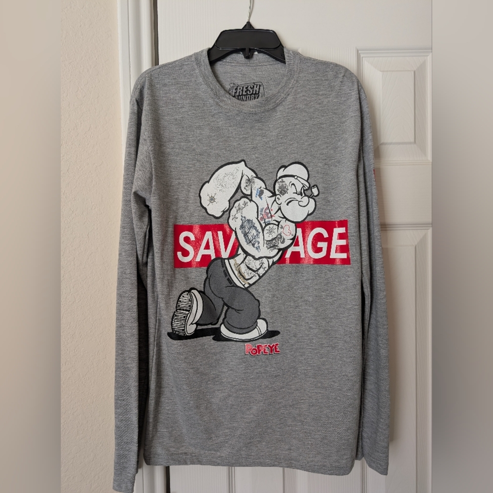 NWT•Fresh Laundry SAVAGE Popeye Long Sleeve Graphic Jersey Shirt• Small•Gray